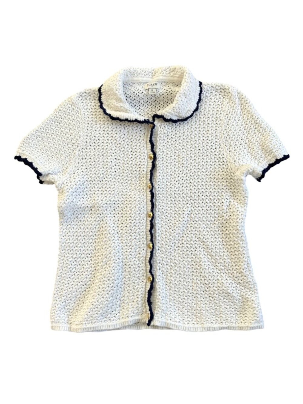 J.Crew Women's Sz M Cardigan With Navy Trim & Gold Buttons Short-Sleeve Collared - Picture 9 of 10
